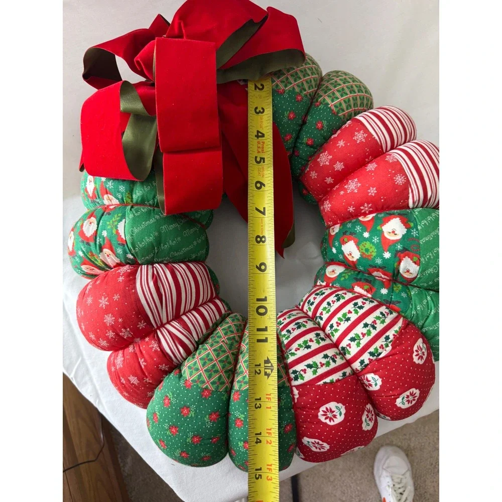 Handmade Quilted Christmas Decor Set Stuffed Wreath and Tabletop Tree Red Green